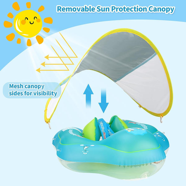 Inflatable Baby Swim Float with Safe Bottom Support and Retractable Canopy for Safer Swim(New Version, L)