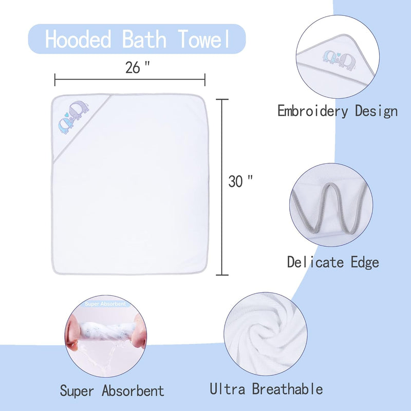 Baby Towels and Washcloths, Soft Absorbent Baby Bath Towel Set, Elephant Hooded Towels with 5 Infant Face Washcloths (6 Pieces)