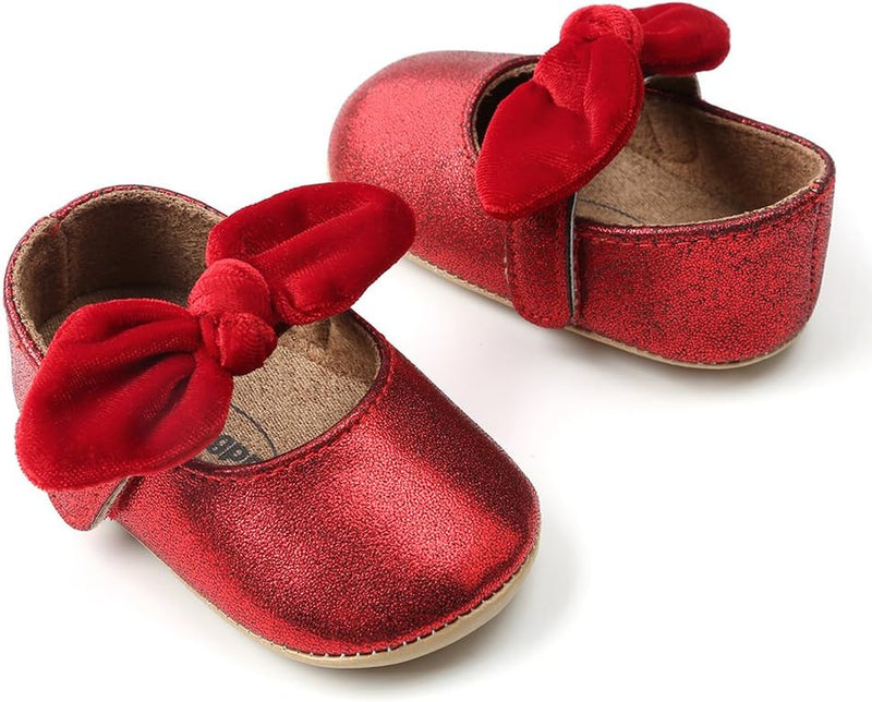 Antheron Baby Girls Mary Jane Flats with Bowknot Non-Slip Toddler First Walkers Princess Dress Shoes