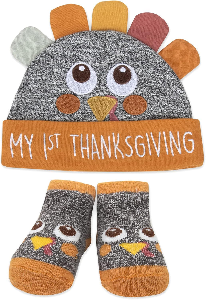 Baby Holiday Socks and Hats or Headbands with Bows for Thanksgiving and Halloween, Ages 0-6 Months Old – 2 Piece Sets (My 1St Thanksgiving)