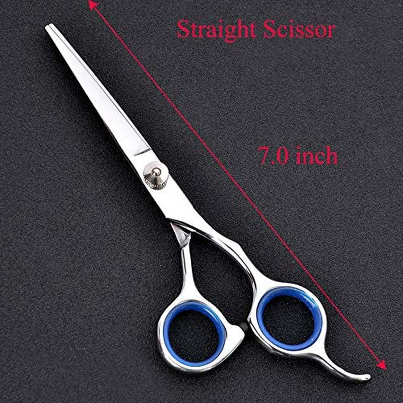 7 Inch Dog Grooming Kit Pet Cat Grooming Scissors Tool round Tips Professional Stainless Steel Curved Straight Thinning Shears Clippers (7 Inch, Blue)