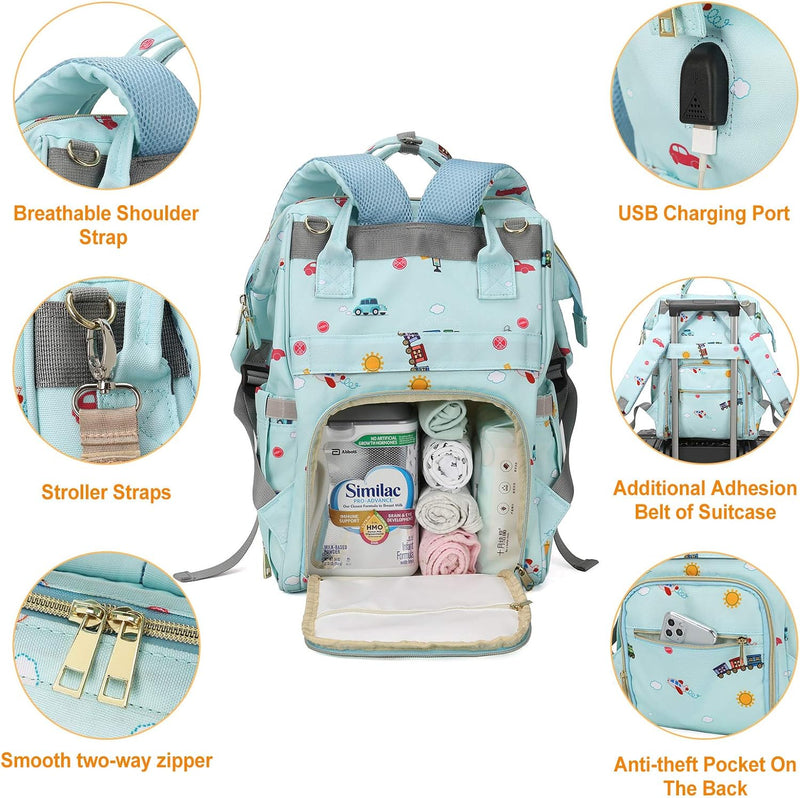 Diaper Bags Backpack Baby Bag for Mom Dad Baby Girls Boy, Cute Mult Diaper Nappy Bag Travel Back Pack,Waterproof Maternity Changing Bag Baby Stuff with USB Charging Port Stroller Straps Large Blue