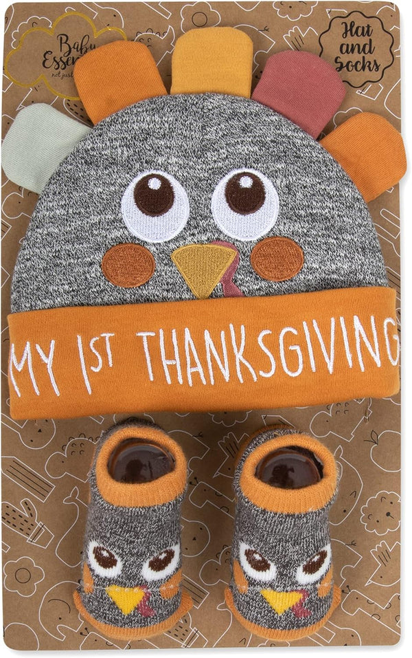 Baby Holiday Socks and Hats or Headbands with Bows for Thanksgiving and Halloween, Ages 0-6 Months Old – 2 Piece Sets (My 1St Thanksgiving)