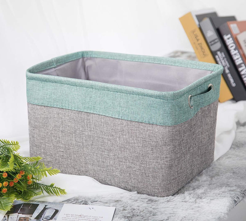 Foldable Storage Bins, 14.5 X 10.5 X 9" Storage Baskets, Linen & TC Fabric - Books, Toys, Baby Product, Paper Towels, Clothes, Sundries Container (3 Pack, Gray & Teal)