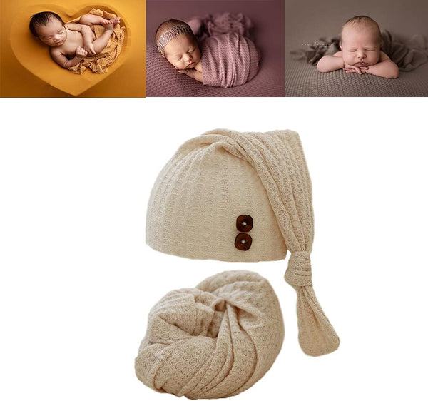 Newborn Photography Wrap Boy Girl Baby Photo Wraps Outfits Stretch Crochet Blanket Props (Beige)