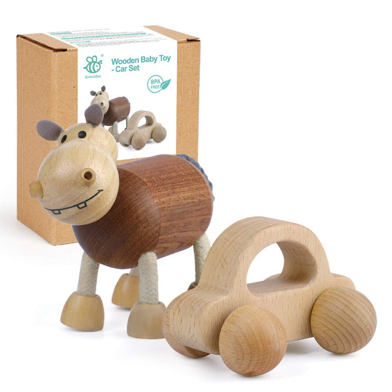 Wooden Toys for Babies, Wood Baby Teething Toys Set for Toddlers, Grasping Wooden Baby Teething Toys, Newborn Toys Gift, Hippo and Car