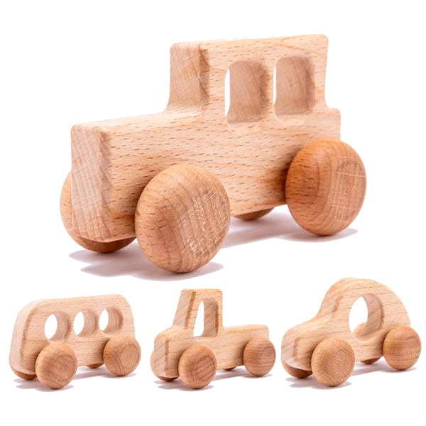 4Pc Wooden Baby Car Toys Beech Wooden Blocks Animal Dogs Cartoon Educational Montessori Toys for Children Teething Baby Teether