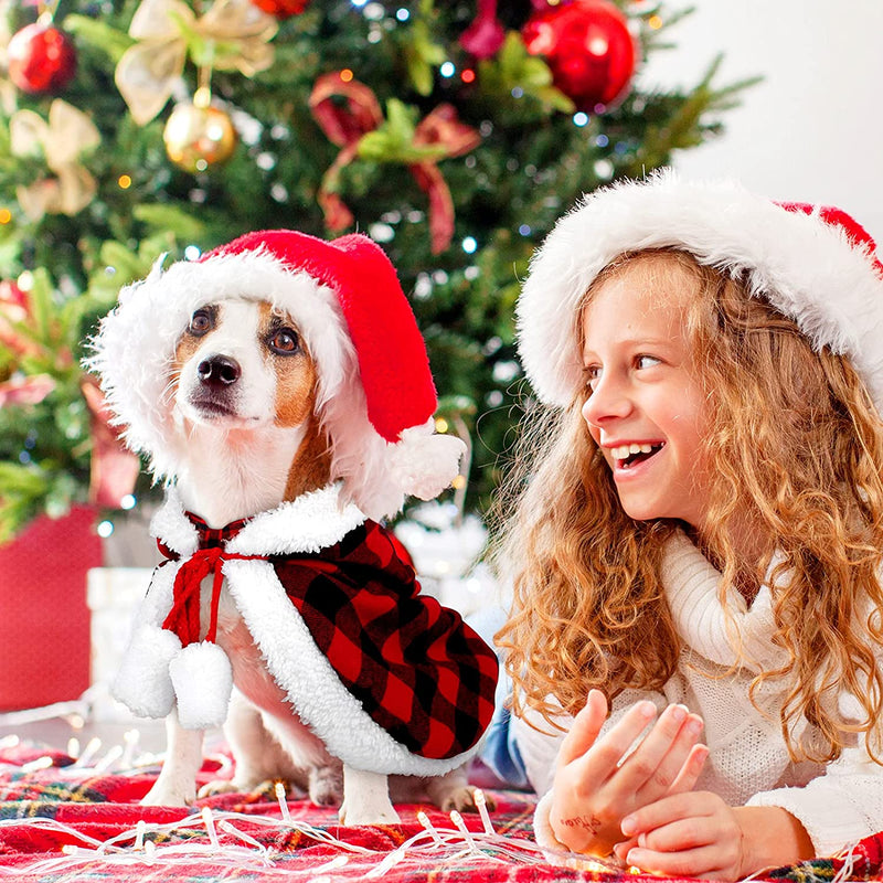 Christmas Cat Dog Costume Red Black Buffalo Plaid Pet Santa Cape with Xmas Hat Cat Collars with Bell and Bowtie Cat Cloak Pet Costume for Party Cosplay Christmas Pet Dress up (Medium)