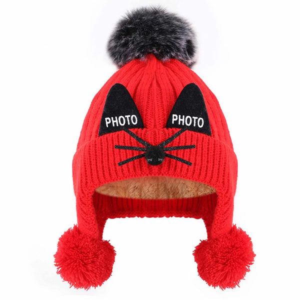 Winter Girls Boys Kids Winter Beanie Hat Warm Knit Thick Ski Cap with Fluff Ball Ear Cap