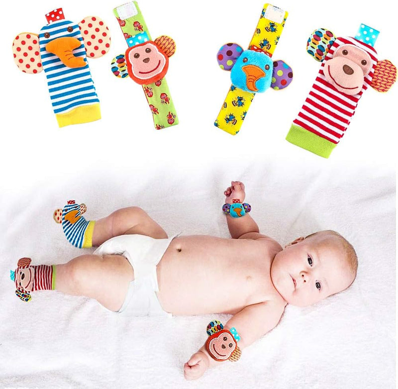 Baby Socks Toys, Baby Feet and Fingers Socks Set, Design with Monkey and Elephant Organic Cotton Socks for Infant and Toddler (4 Piece)