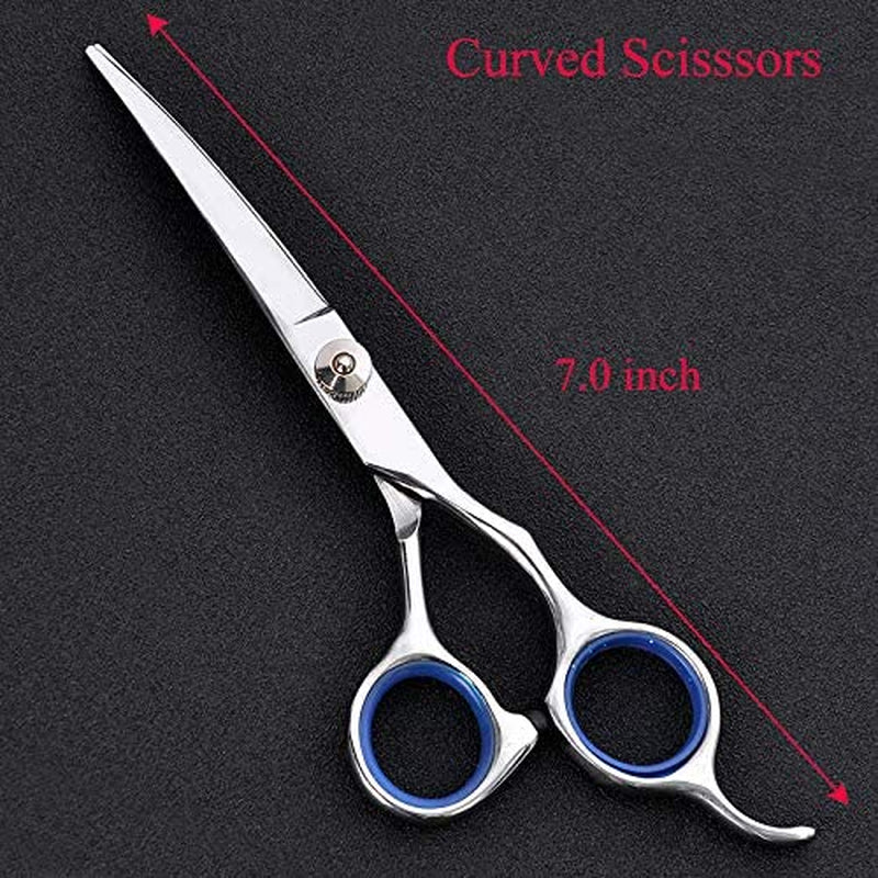 7 Inch Dog Grooming Kit Pet Cat Grooming Scissors Tool round Tips Professional Stainless Steel Curved Straight Thinning Shears Clippers (7 Inch, Blue)