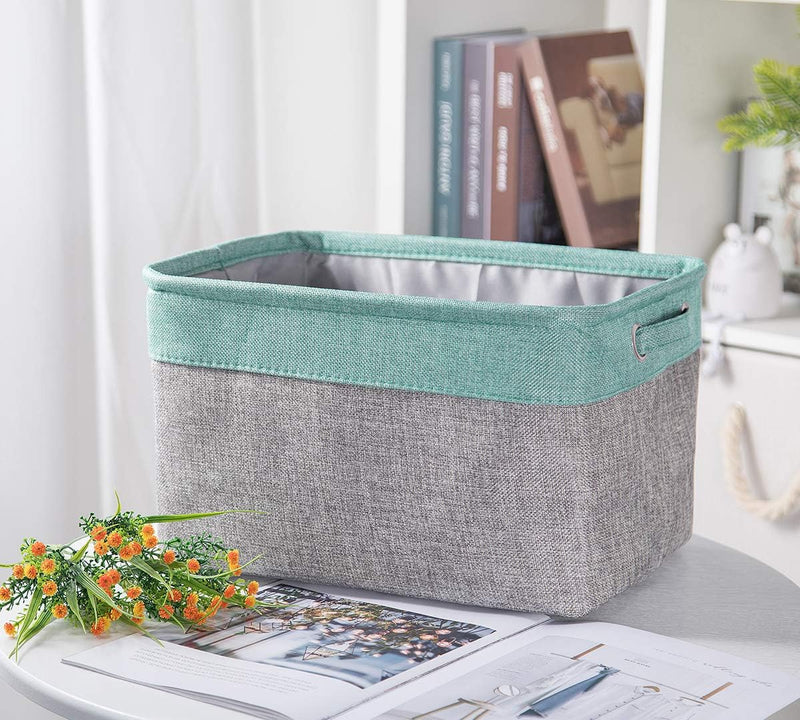 Foldable Storage Bins, 14.5 X 10.5 X 9" Storage Baskets, Linen & TC Fabric - Books, Toys, Baby Product, Paper Towels, Clothes, Sundries Container (3 Pack, Gray & Teal)