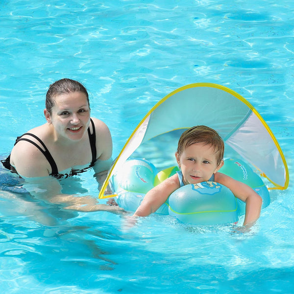 Inflatable Baby Swim Float with Safe Bottom Support and Retractable Canopy for Safer Swim(New Version, L)